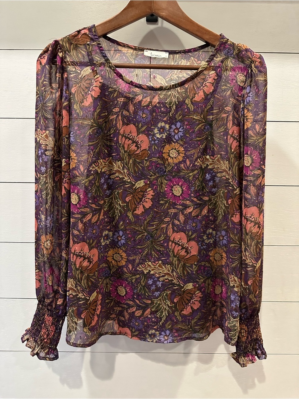 Les Mils Womenโs Floral Long-Sleeve Sheer Blouse - Purple/Pink- size Medium